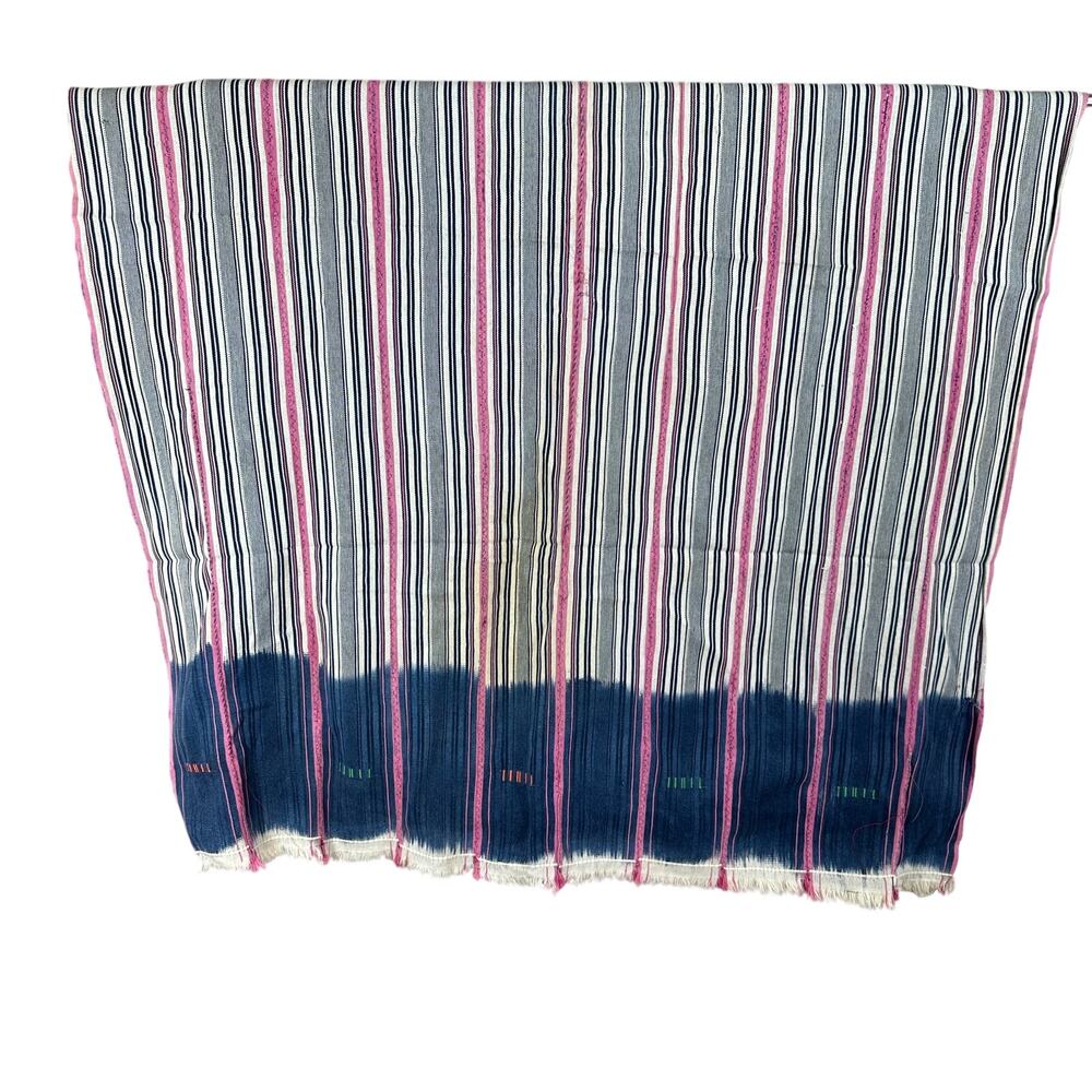 Striped Woven Textile Throw Pink Navy Cream Fringe Boho Global Eclectic Decor